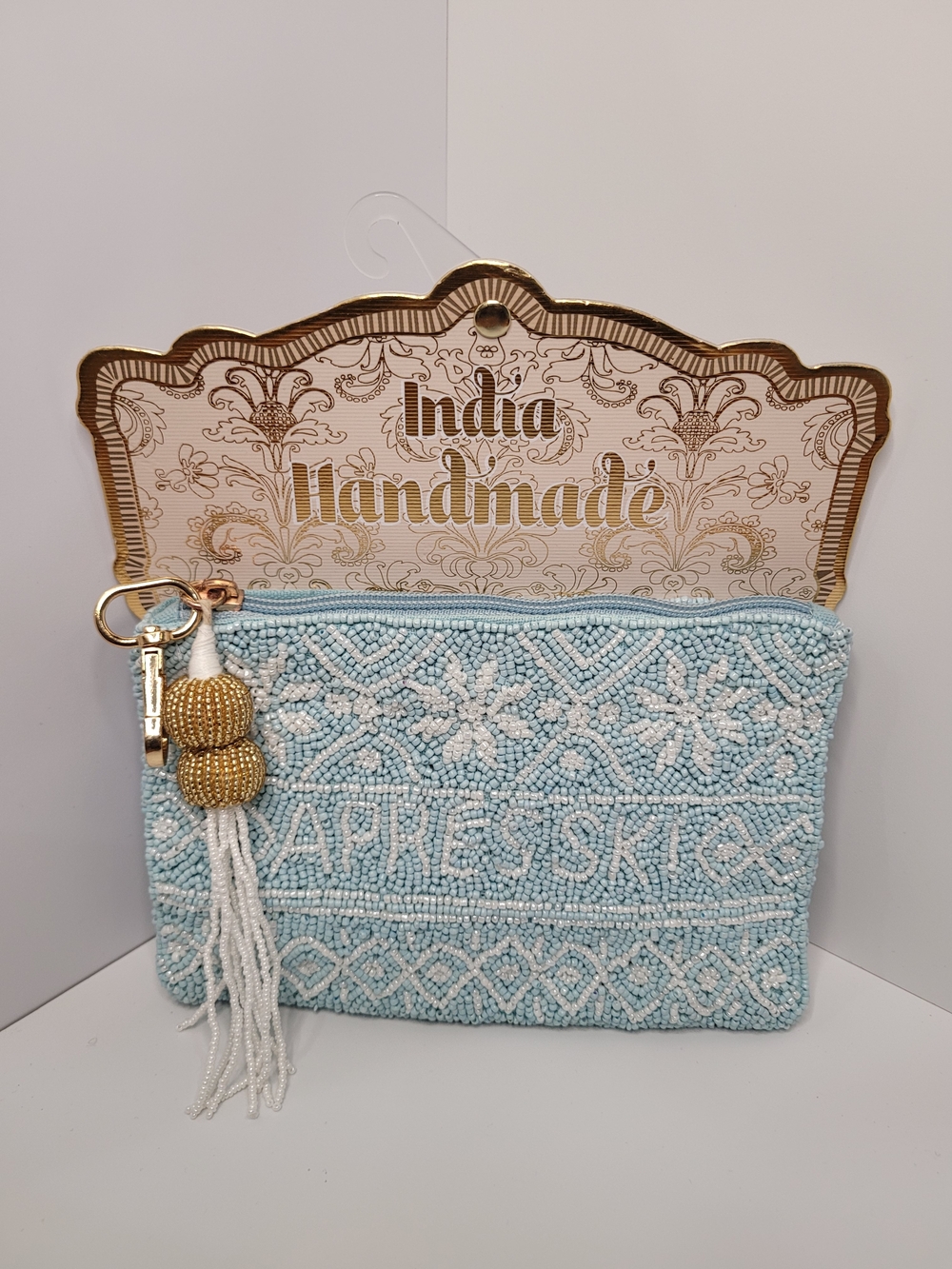 Made In India Light Blue Beaded Handmade Coin Pouch With Tassel